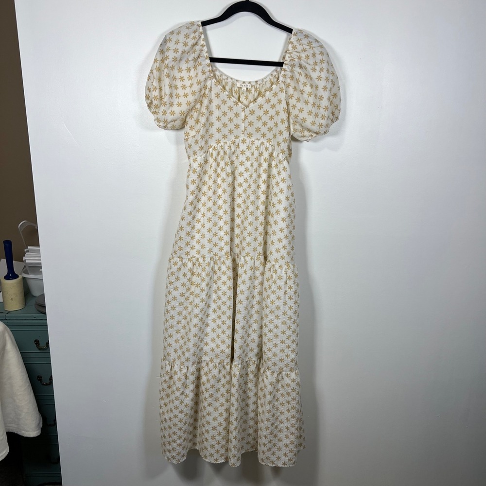 BaeVely Womens Floral Puff Sleeve Tiered Midi Dress Cottagecore White Tan S